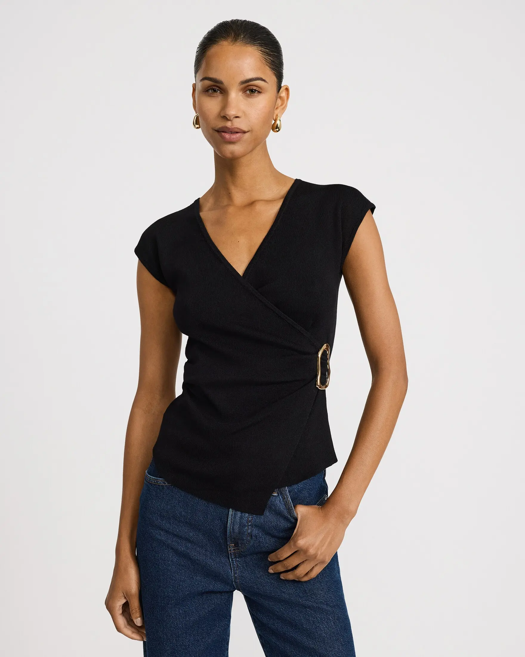 Express V-Neck Short Sleeve Gold Hardware Surplice Top