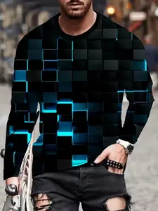 Men's Casual Fashion Menswear Long Sleeve 3D Print Striped Square Pattern Full Body Print, Outdoor Streetwear Daily Wear, Fitted Long Clothing All Seasons
