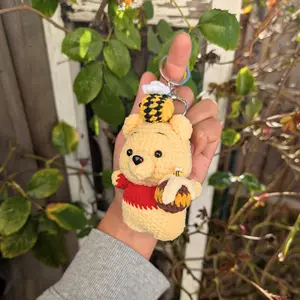 Bear with Honey Pot Crochet Plush Keychain – Handmade Yellow Tiny Red Shirt Bag Charm | Cute Soft Toy Gift