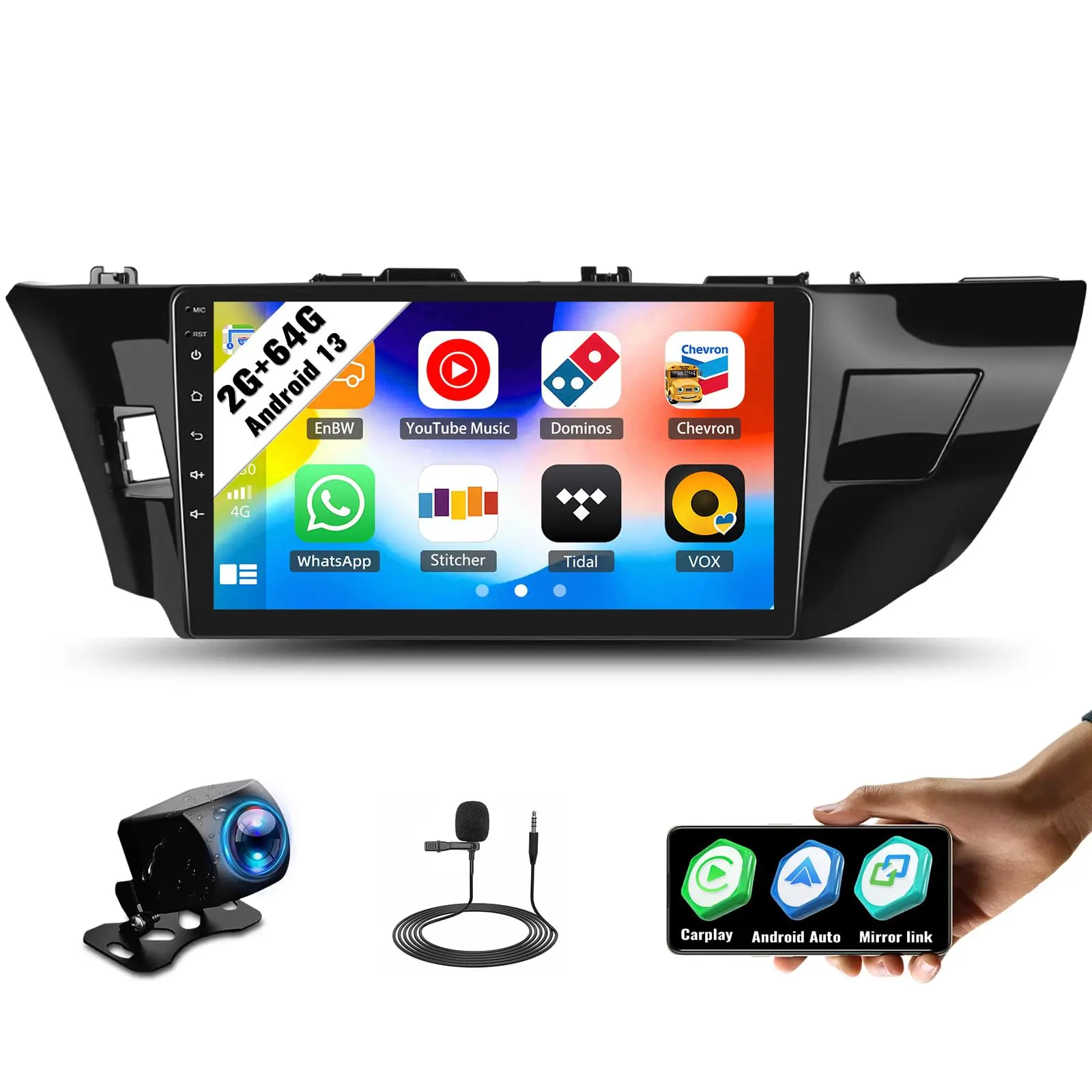 10.1 Inch Plug-and-Play Android 13 Car Stereo for Toyota Corolla 2014-2016, 2GB/4GB RAM+64GB, Wireless CarPlay, Android Auto, Mirror Link, Bluetooth, Built-in GPS Navigation, WiFi, FM Radio, Backup Camera, MIC, Steering Wheel Control, Handsfree Call, Touc