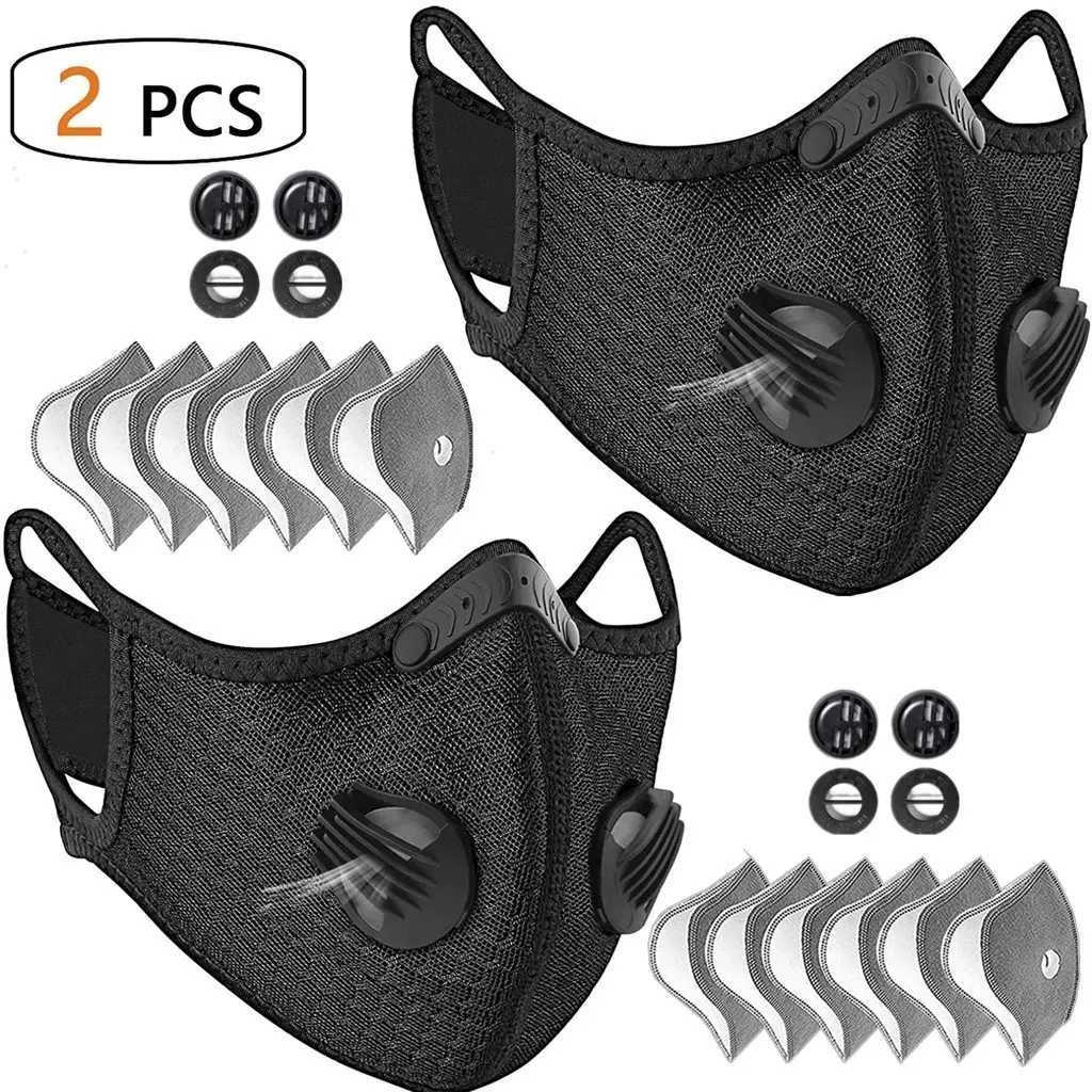 Reusable Carbon Filter Dust Mask 2-Pack for Youth and Adults Breathable Detachable Elastic Straps Adjustable for Running Biking Lawn Mowing Back to School
