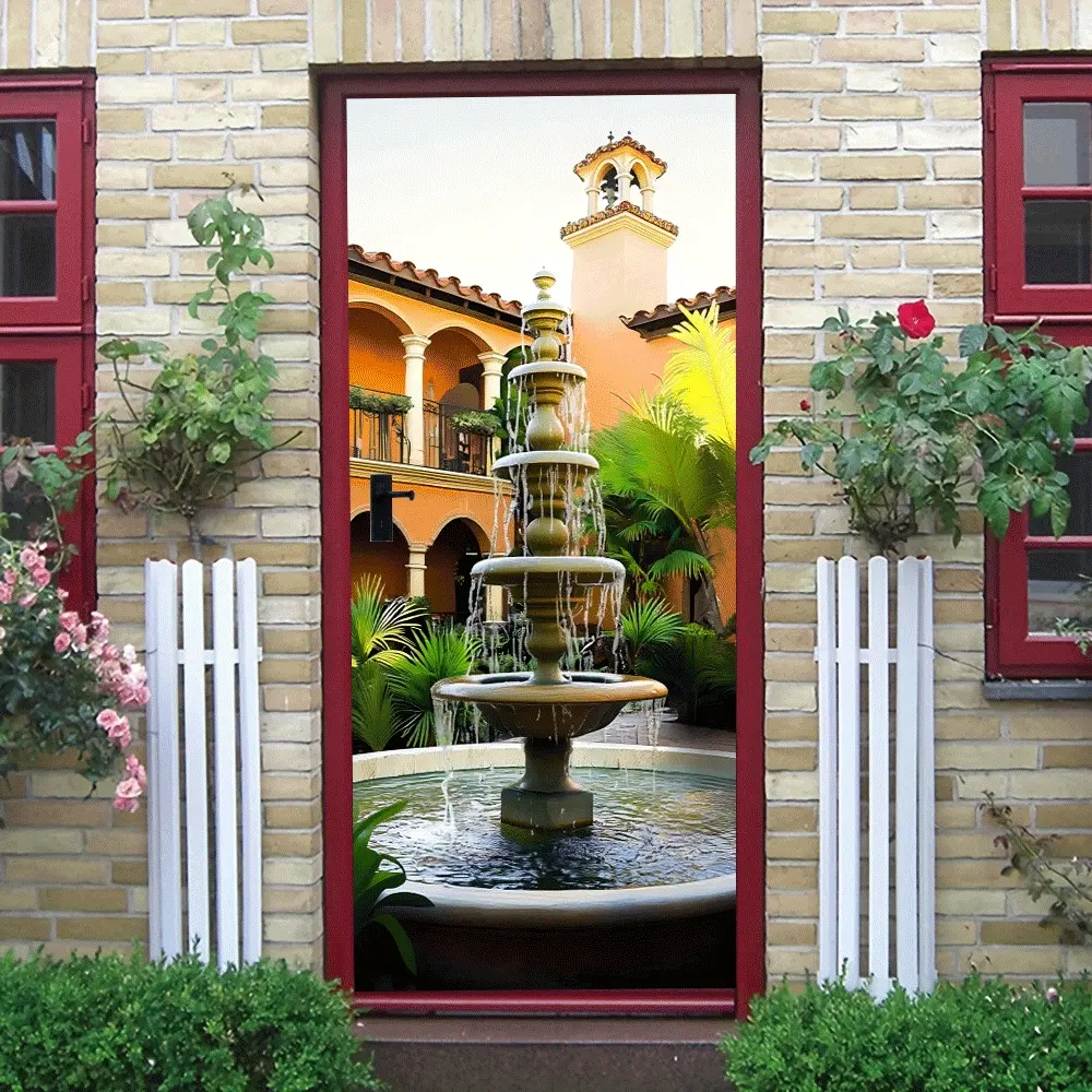 2pcs European Retro Fountain Courtyard Wall Stickers Self Adhesive Removable Waterproof Murals Mediterranean Style Architecture Landscape Decals for Living Room Bedroom Dining Room