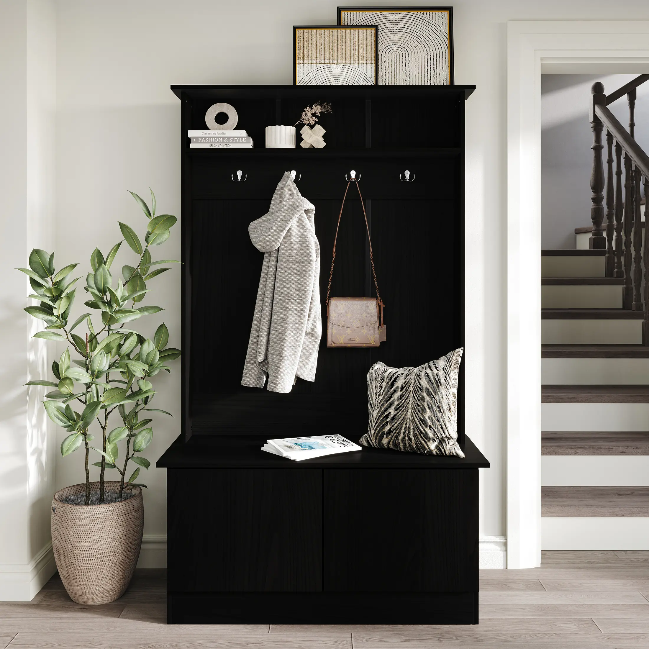 Elma Entryway Hall Tree with Bench - Built-in Organizer Hallway Furniture, Cabinet Hallway Furniture with Double Hooks and Cabinet Doors