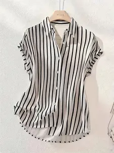 Women's and Striped Waist-Cropped Short Sleeve Shirt, Elegant Office Wear, Slim Fit Collared Blouse, Summer New Arrival, Top
