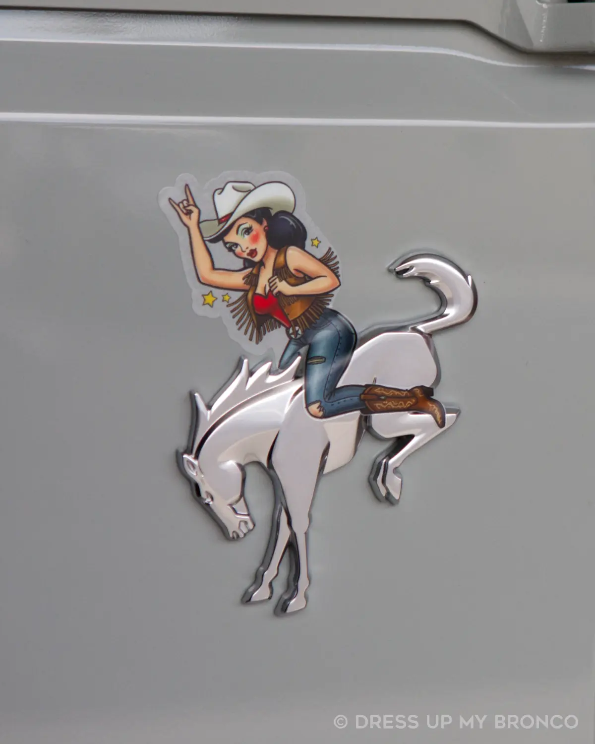 Brunette Cowgirl Bronco Bombshell — Bucking Emblem Vinyl Decal (Pin-Up Edition)