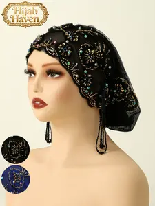 Women's Geometric Print Lace Beaded Headscarf Hat, Bohemian Satin Lined Hair Accessory, Adjustable Ankara Chemotherapy Cap Hijab Turban for All Seasons