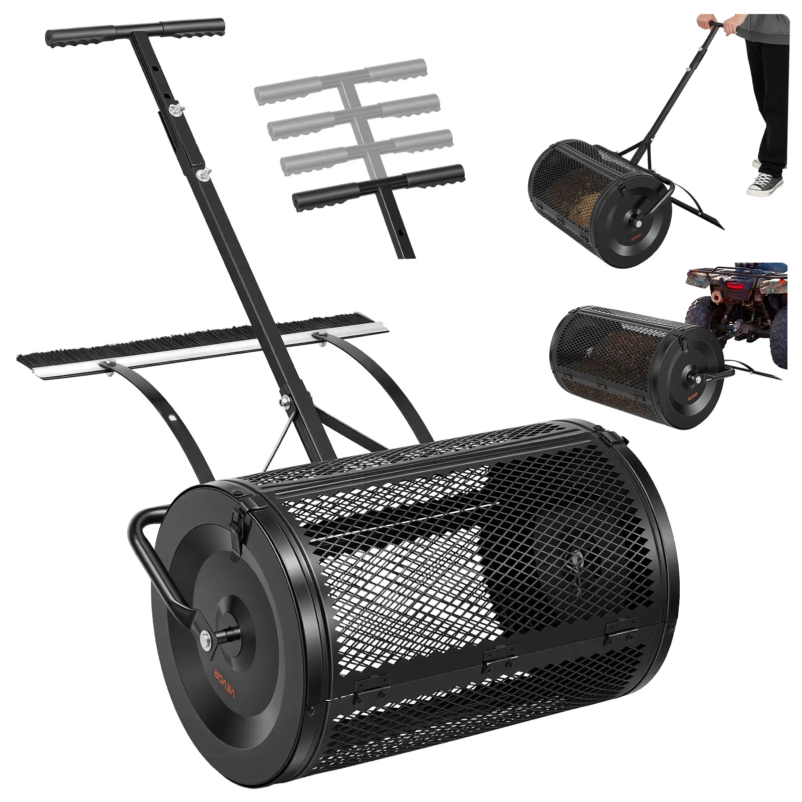 【SummerFinds】VEVOR Compost Spreader, 24" Wide Powder-Coated Carbon Steel Garden Roller with Push/Tow Handle, Leveling Brush, Side Latches, 4 Adjustable Height Settings for Peat Moss, Grass Seed Planting & Seeding, 1" Hitch Pin, Fertilizer Spreader, Diamon