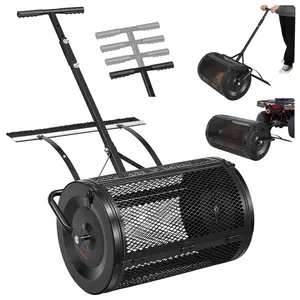 VEVOR Compost Spreader, 24" Wide Peat Moss Spreader with Push/Tow Handle & Brush, 4 Heights Adjustable, Powder-Coated Steel Garden Peat Moss Roller, Heavy Duty Grass Seed Roller for Planting Seeding