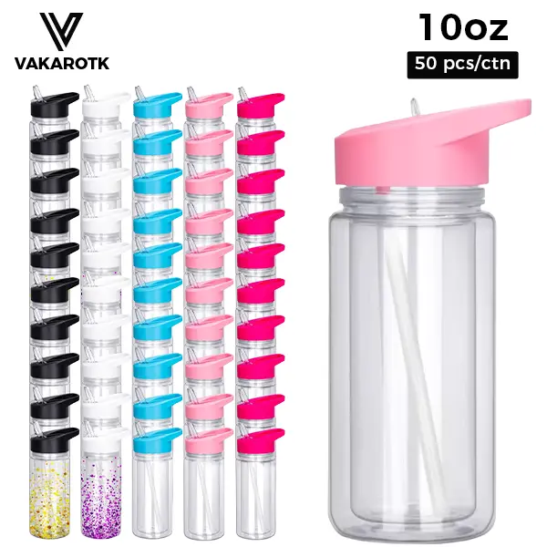 VAKAROTK 50pcs Acrylic Snow Globe Food-Grade Drinkware - 300ml/10oz Double Wall Reusable Plastic Kids Water Bottle with Straw Colorful Handle Lid