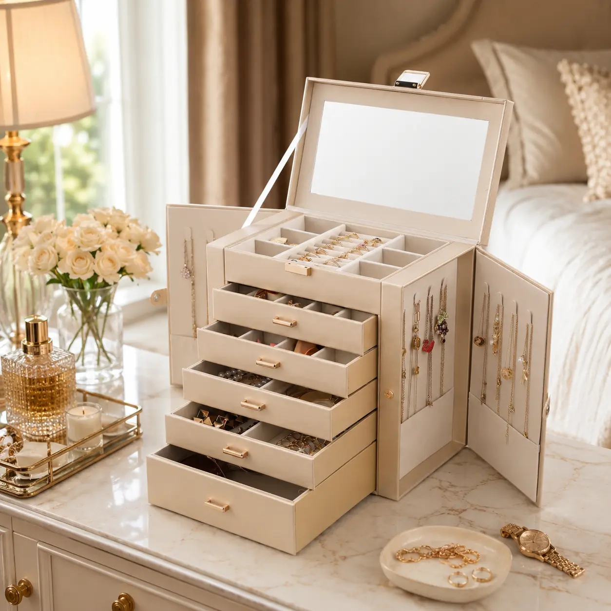 BOOVO 6-Layer Large Jewelry Box Organizer with Mirror, Multi Compartment White Leather Storage Case for Necklaces, Rings, Earrings. Self Care Aesthetic Vanity Decor, Treat Yourself Special Premium (Champagne Gold and Gold )