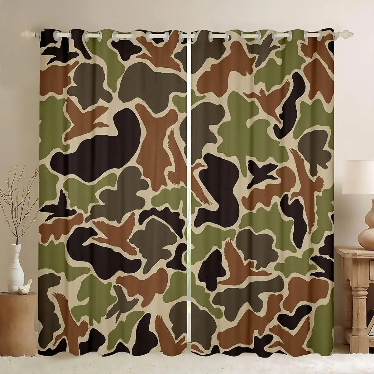 Duck Hunter Camo Hunting Curtains, Half Light Blocking, Modern Simple Rod Pocket Curtains, 2 Piece Set, Easy to Hang, Easy Install Curtain, Polyester Curtain, Window Curtain