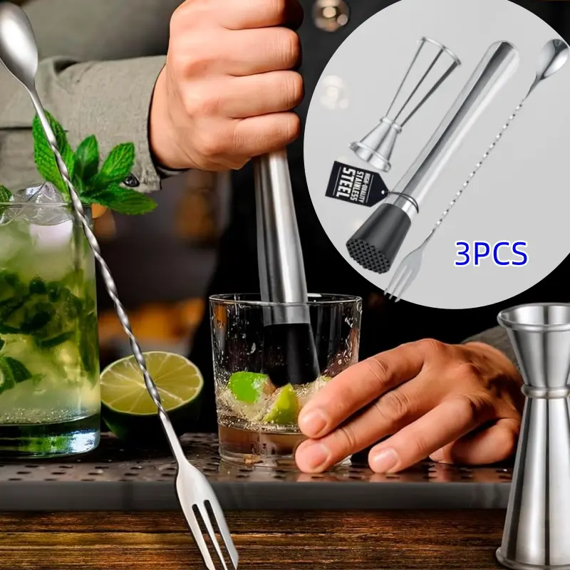 3 Pcs Stainless Steel Cocktail Muddler Set - Bartending Bar Tools with Sturdy Head, Versatile Bar Spoon, Jigger Size Tool, Easy to Use & Clean, Rust-Resistant for Drink Mixing