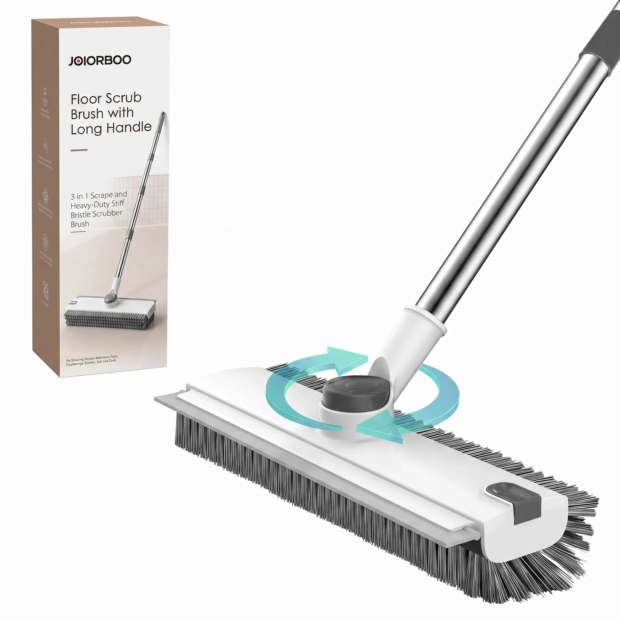 JOIORBOO Durable 3-in-1 Metal Floor Scrub Brush Cleaning Tool with Long Handle - Double-Sided Bristle, Household Squeegee Scrubber for Daily Bathroom, Kitchen Shower Grime Lift