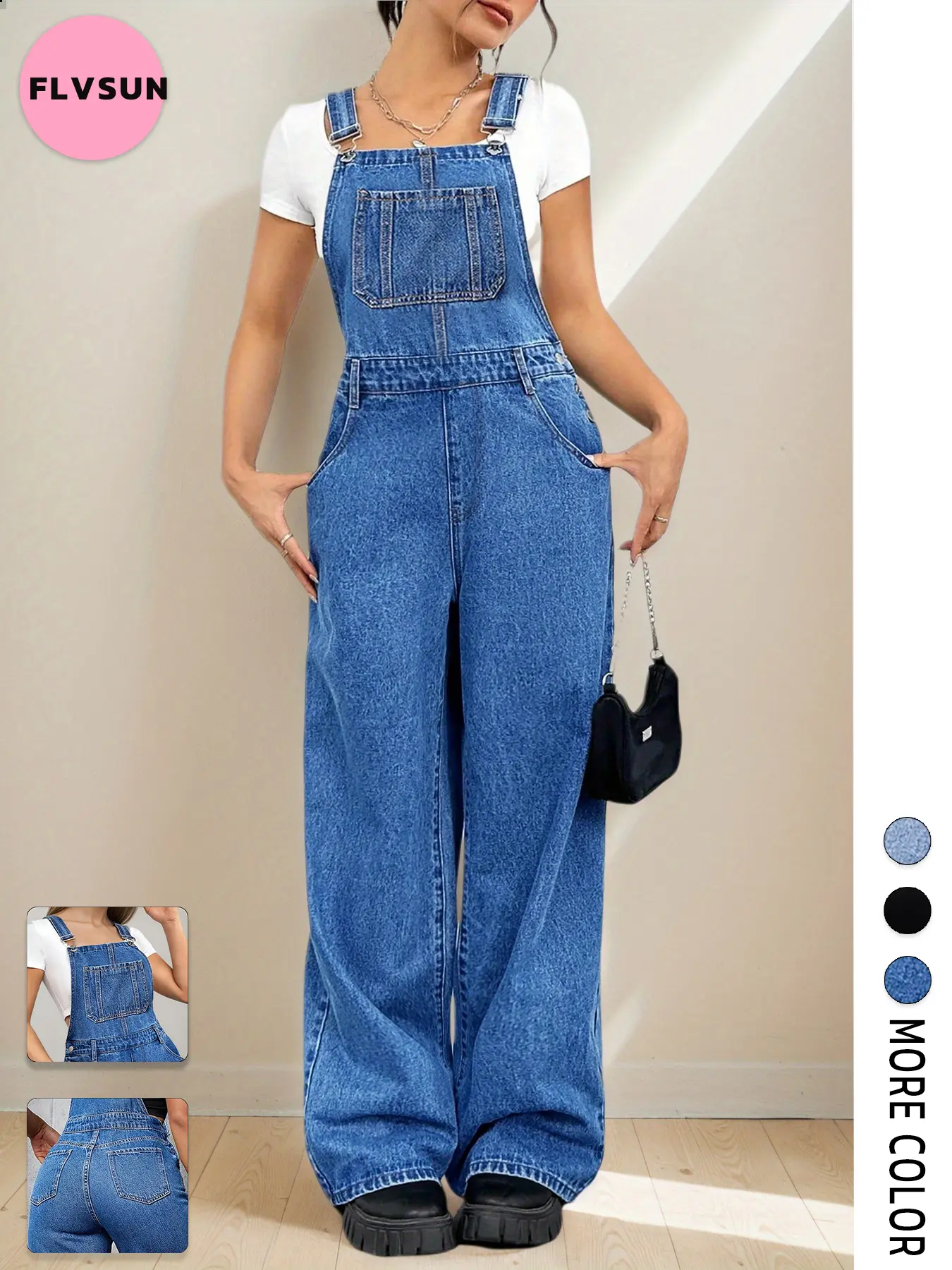 FLVSUN Women's Medium Blue Cotton-Polyester Minimalist Plain Strappy Adjustable Strap Wide Leg Denim Bib Trouser Overalls, Cute All-Season Durable Women's Trousers & Cute Clothes, Overalls For Women, Cotton Overalls