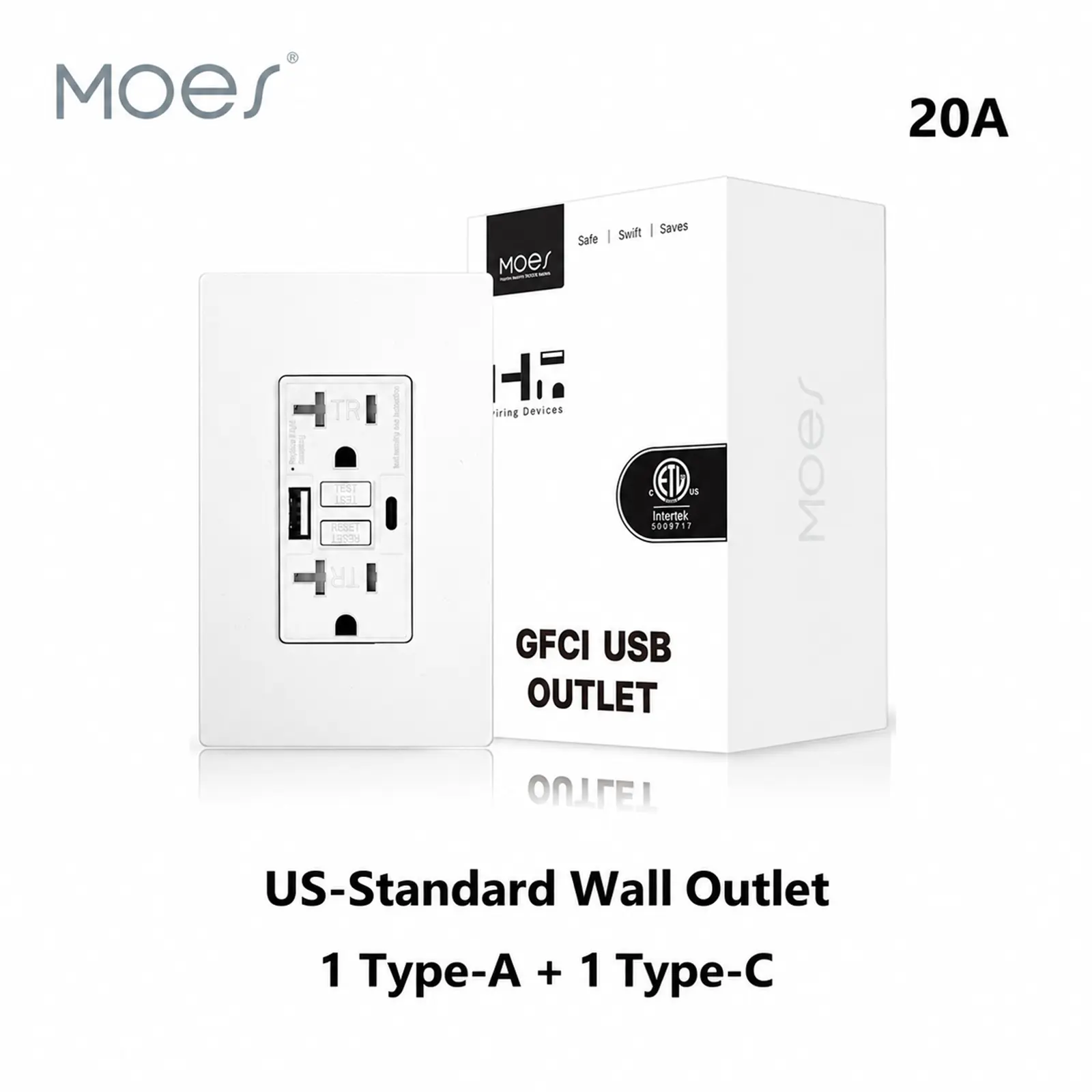 MOES US-Standard Wall Socket - 1 Type-A, 2 Type-C Charging Outlets, 30W Shared Total Output, Neutral-Live-Ground Wiring, Tamper Res. Shutters, 15A/20A Versions, 1-Pack/4-Pack Options, 30W Power