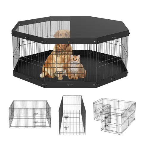 VEVOR Durable Puppy Playpen Enclosure, 8-Panel Foldable Metal Dog Exercise Pen with Mesh Top Cover (Shade & Sun Guard) & Bottom Pad, 24" H Octagon-to-Square Pet Fence Kennel, Indoor/Outdoor for Small/Medium Pets, Tool-Free Flat Fold,toolupgrade