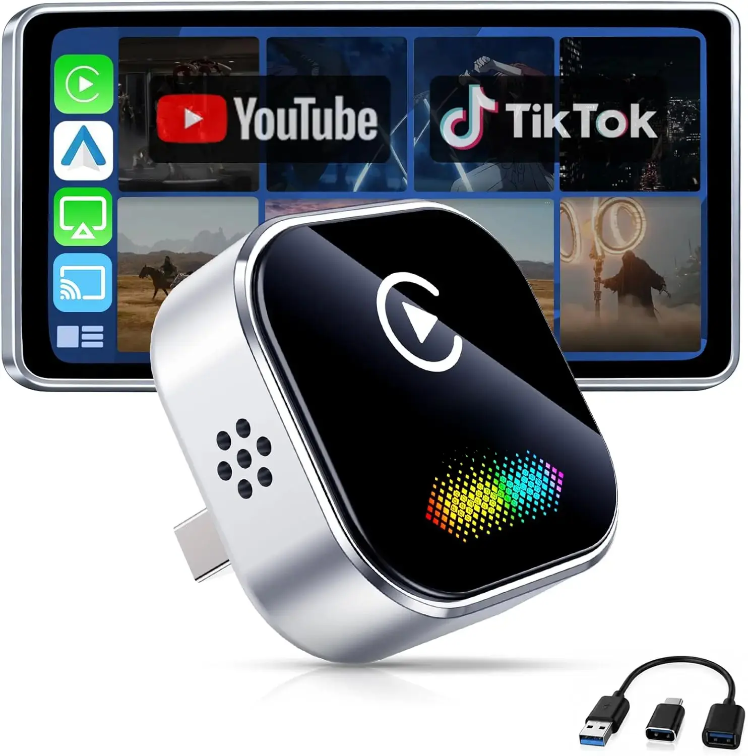 [Summer Vibes] 4-in-1 Wireless CarPlay Adapter for Car Accessories, Vehicle Accessories, 5-Second Auto Connect, Android Auto Compatible, Supports YT/TikTok/FB Screen Mirroring, Converts Wired to Wireless for Cars