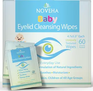 NOVEHA 60PCs Baby Eye Wipes | Safe & Natural Eyelid & Lash Wipes | Non Irritating, Tear Free, Hypoallergenic & Preservative free | Organic Baby Wipes for Sensitive Skin | Soothing and Moisturizing