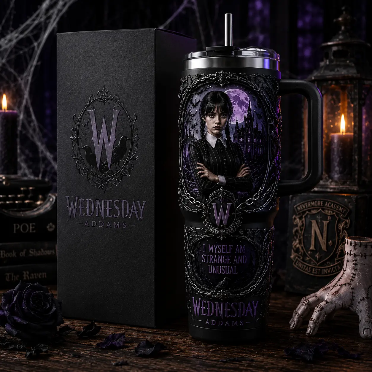 Wednesday Addams 40oz Stainless Steel Vacuum Insulated Flask with Handle, Straw, Lid, Printed Design, Washable Travel Mug, Nevermore Academy Gothic Halloween Drinkware, Gift for Fans, Flasks, Insulation