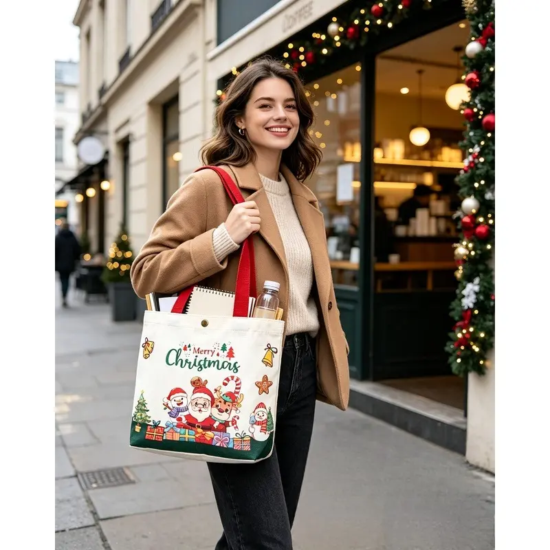 Christmas Canvas Tote Bag, Reusable Grocery Shopping Handbag with Santa Xmas Tree Print, Eco Friendly Large Capacity Reusable Cloth Tote with Snap Button, Holiday Gift Canvas Hand Bag for Women Daily Shopping Coffee Run