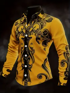 Men's Printed Long Sleeve Shirt, Fashion Fitted Casual Top, Trendy Pattern Design, Business & Leisure Wear, Spring & Fall, Menswear