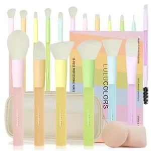 Lulucolors Multi-Pop Color Makeup Brush Set - 18 Pieces with Rubber Handles and Travel-Friendly Holder