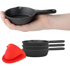 Mini Black Cast Iron Skillet Set with Silicone Mitt (4 Count) - 3.5 Inch Pans, Pre Seasoned Small Skillets for Baked Cookie/Brownie or Cooked Eggs Cookware Fry