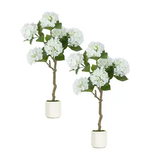 White Hydrangea Fake Tree: 2 Pack 39 Inch Artificial Silk Plants for Home Living Room Decor Indoor - Real Touch Faux Hydrangeas with Pot for Front Door Porch Patio Entrance Decoration