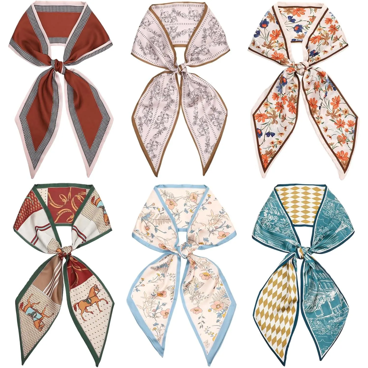 Women's 6-Pcs Silky Long Thin Satin Fashion Hair Scarves, Floral Print Scarf for Hair, Neck, Handbags & Purses, Accessories, Clothes, Polyester, Multiple Uses, 59X5.9", Silk-Like, Rectangular, Polyester Fabric