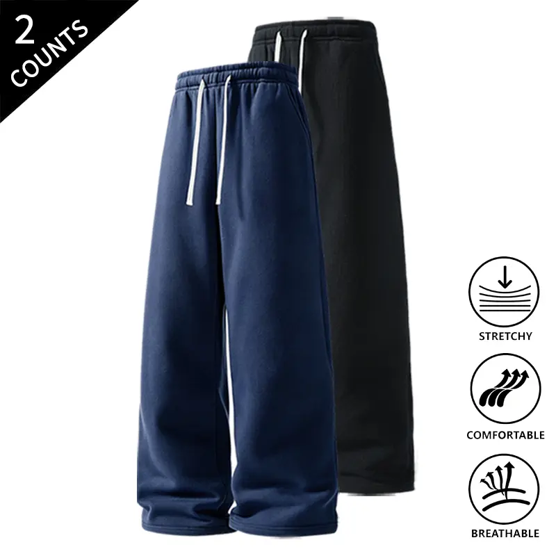 2-Pack Men’s Casual Straight-Leg Sweatpants, Loose Fit Pants with Drawstring Waist, Ultra-Comfortable, Stretchable & Breathable, Ideal for Loungewear, Travel & Street Style