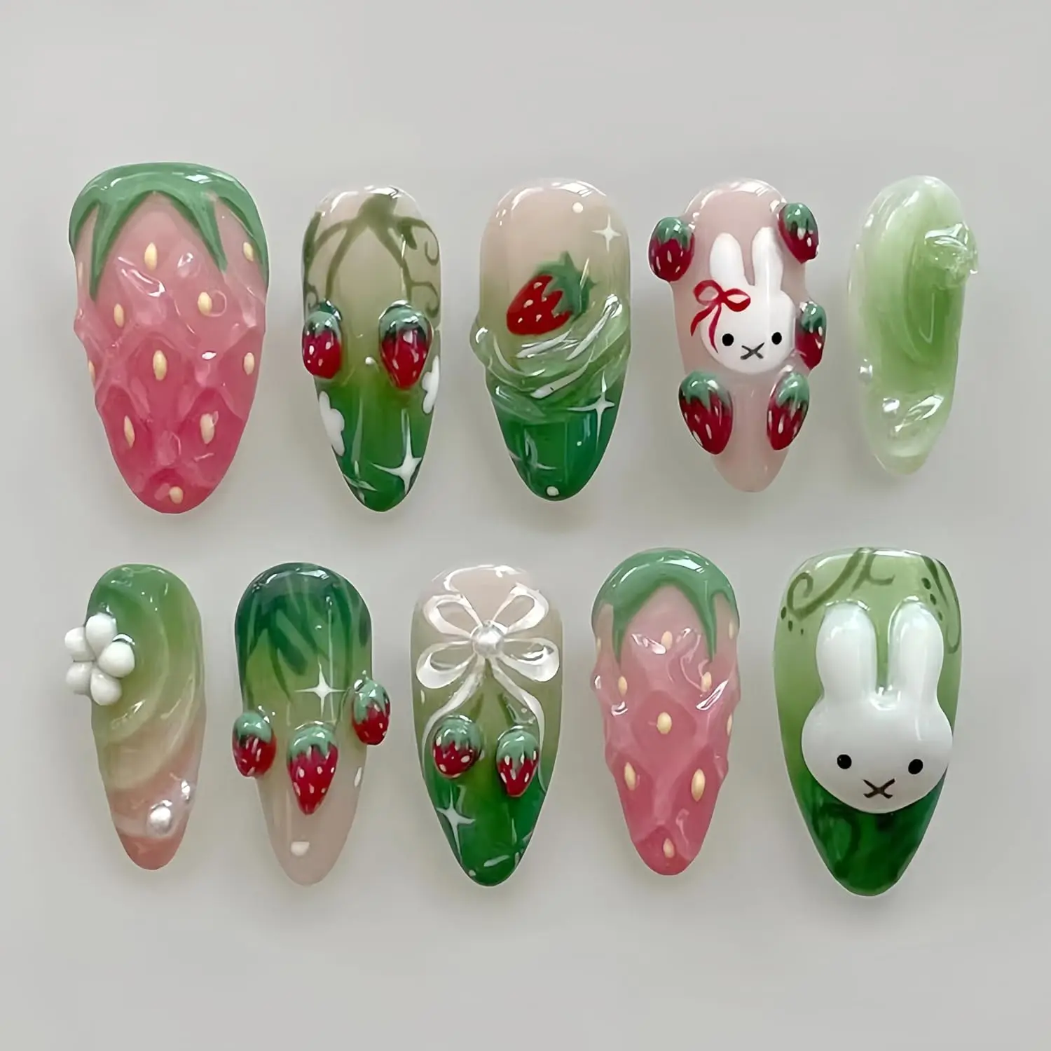 Kawaii Strawberry Bunny Press On Nails | Cute Character Almond French Tip False Nails | Glossy Full Cover Nail Set | 24 Pcs
