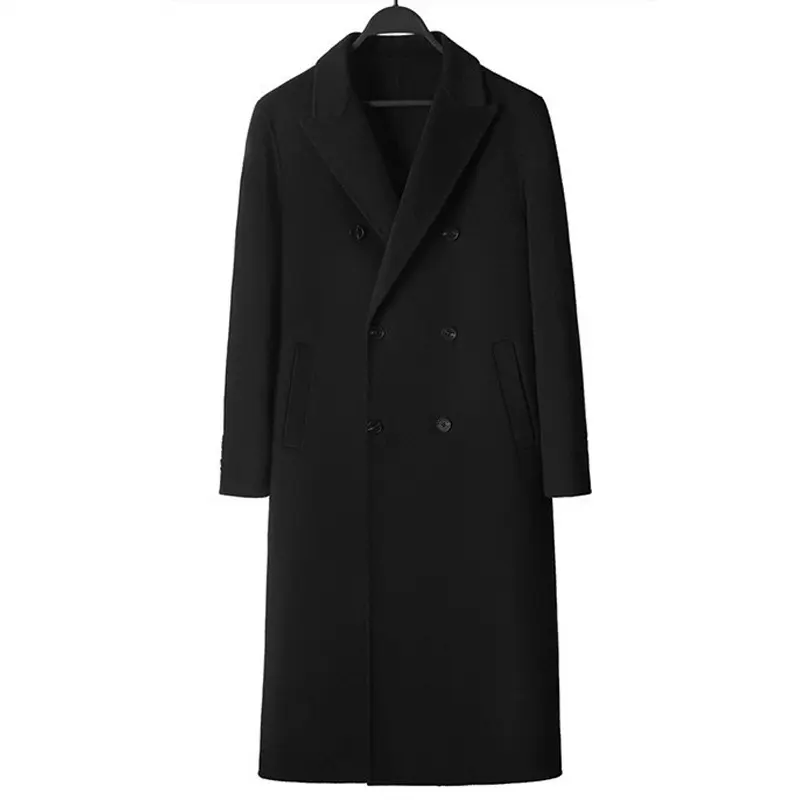 Qianlai Spring Double-Sided Coat Men's Wool Over-the-Knee Extended Youth Trench Coat Plus Size Fitted Long Sleeve Minimalist Black