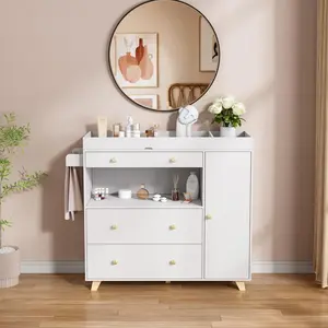 Changing Table Modern Storage Dresser Chest with Wide Table Top, 3 Drawers & Storage Cabinet, White Drawer Dresser for Bedroom, Living Room airing  cupboard triangle  pantry