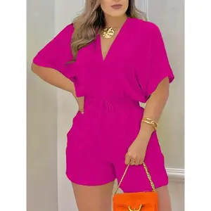 Elegant Women's Solid Black V-Neck Romper with Tie Waist - Chic Short Sleeve Jumpsuit, Polyester & Spandex Blend, Machine Washable - Perfect for Summer Overalls Fabric