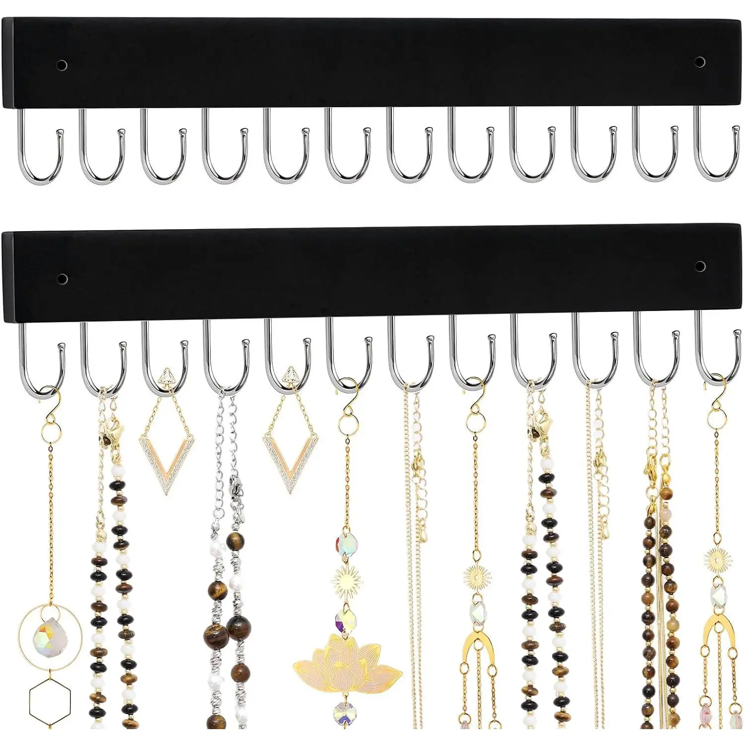 Hanging  Organizer, 2 Pack Black Necklace Holder for Wall Wooden Necklace Organizers Hangers Wall Mount with 24 Hooks  Display Hanger for Necklaces, Bracelets, Earrings,