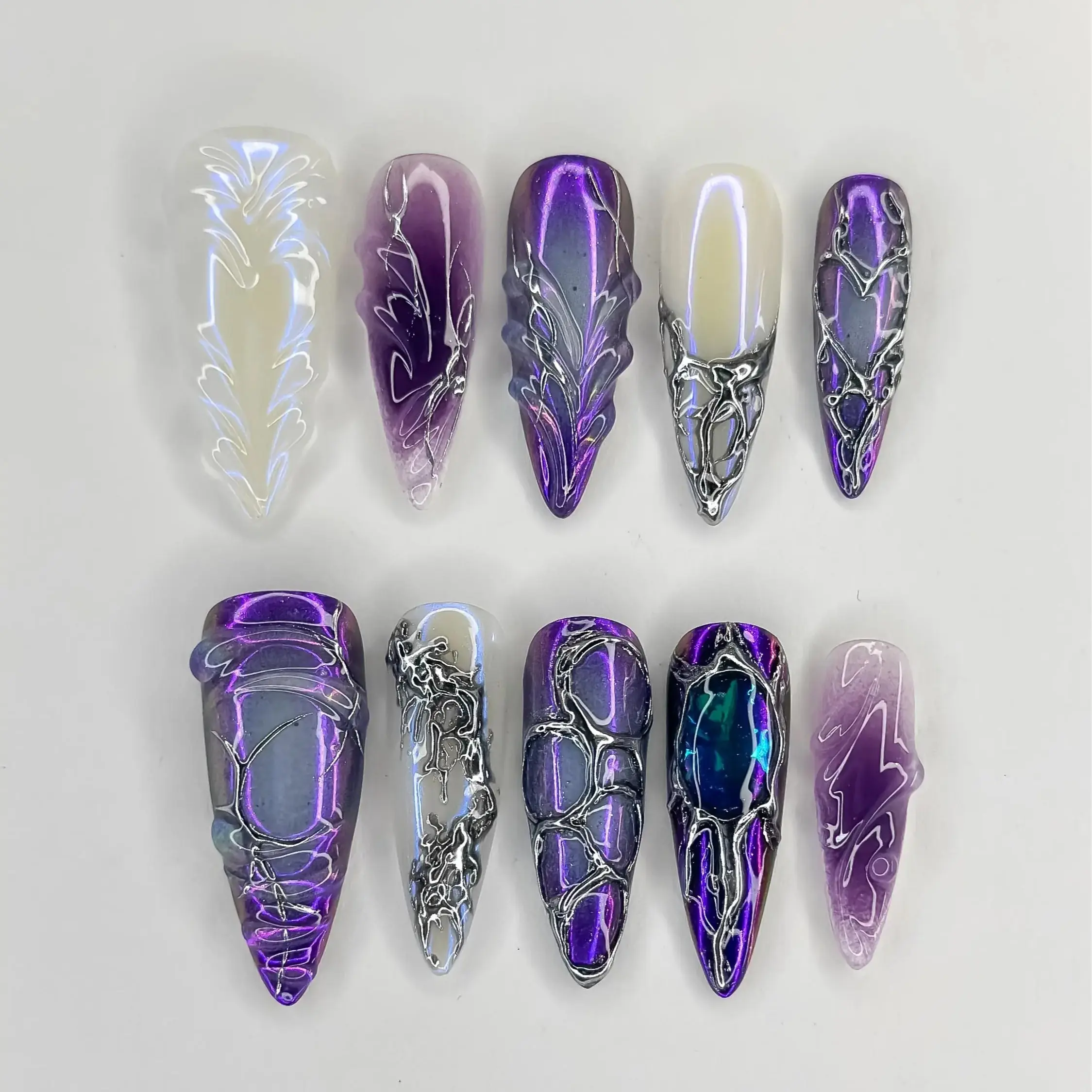Nailchemy - 3D Galaxy Nails With Silver And Purple Holographic Gel, Stunning Press-On Set For A Bold, Cosmic Look – Perfect For Parties Or Night Out.