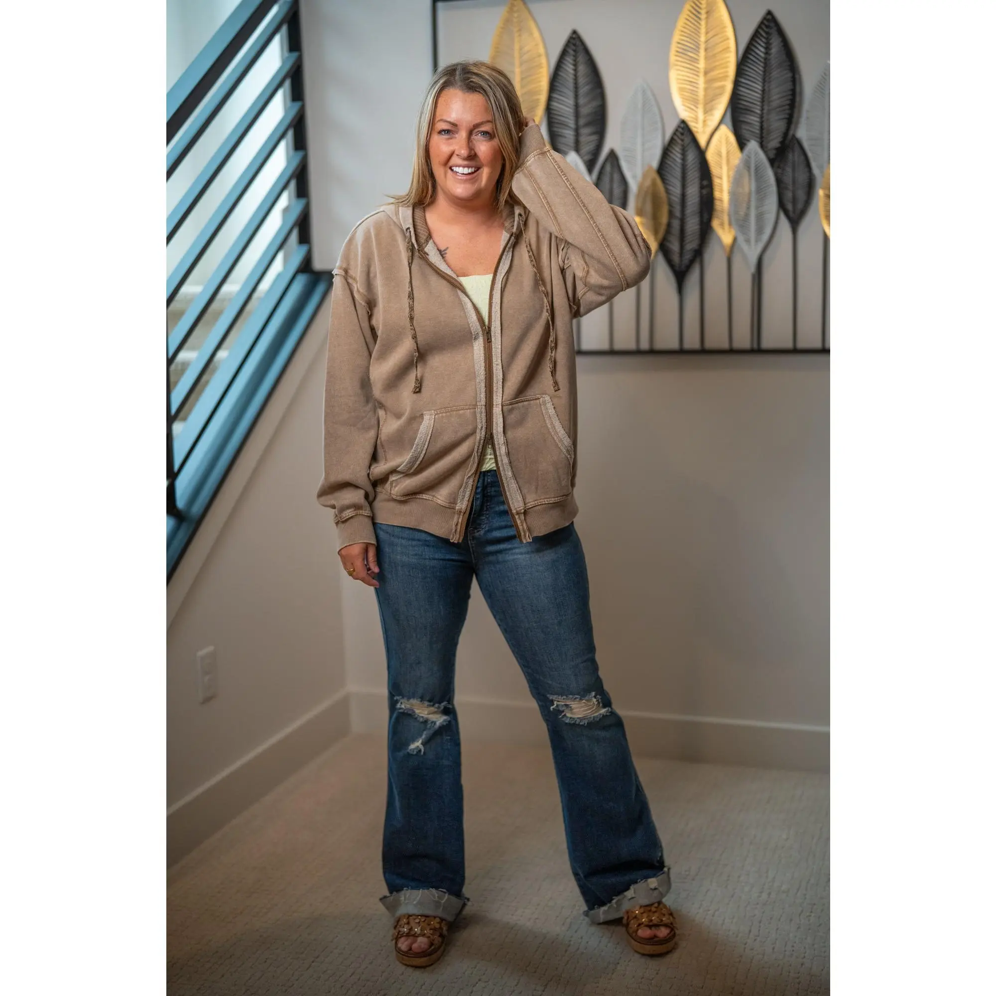Easel Mocha Mineral Wash Zip Hoodie