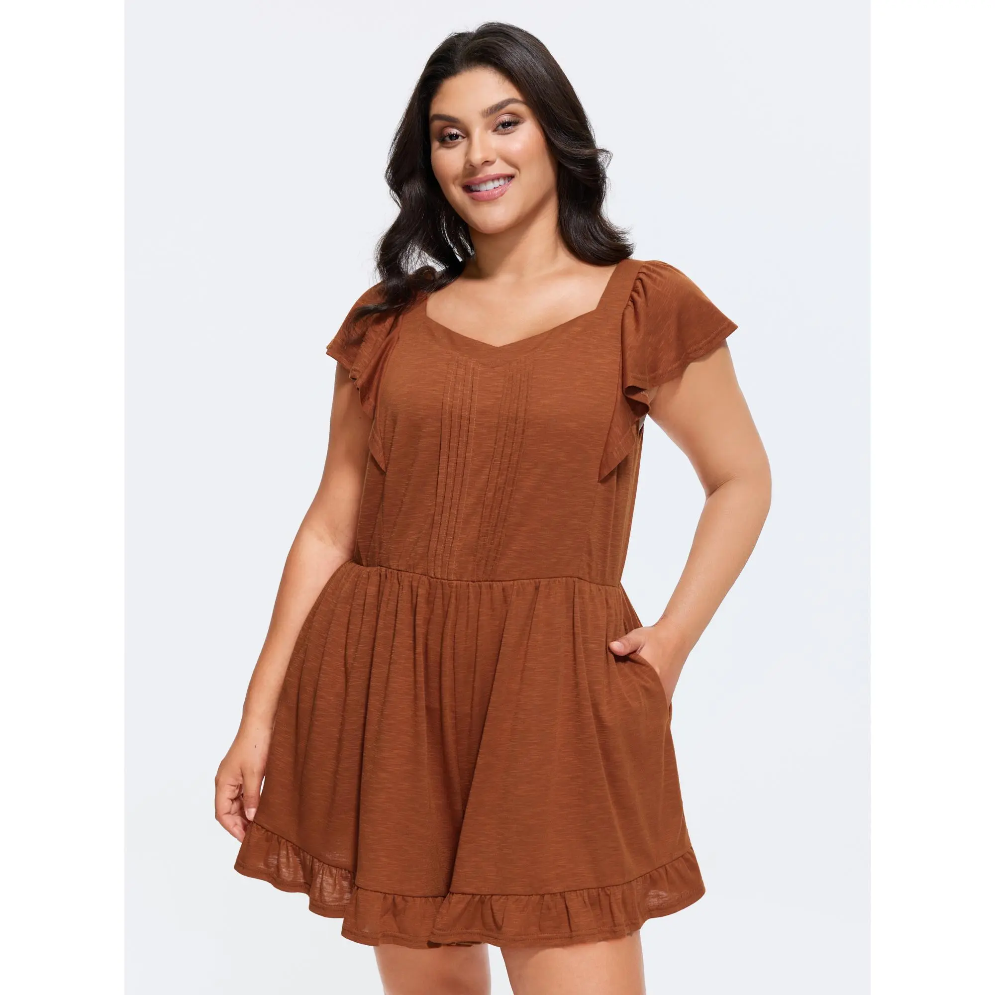 BLOOMCHIC Women's Plus Size Stretchy Pleated Ruffle Hem Pocket Romper[M-6X] 2026 Summerfinds