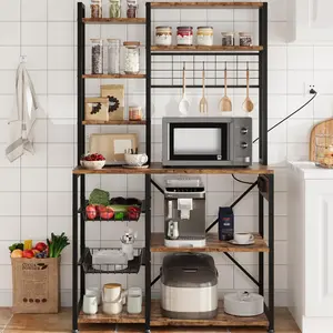 GARVEE Bakers Rack with Power Outlet: Stylish and Functional Kitchen Storage with 2 Wire Baskets, 7-Tier Design, and Spacious Open Shelves for Organizing Spices, Pots, and Appliances in Rustic Brown or Gray.