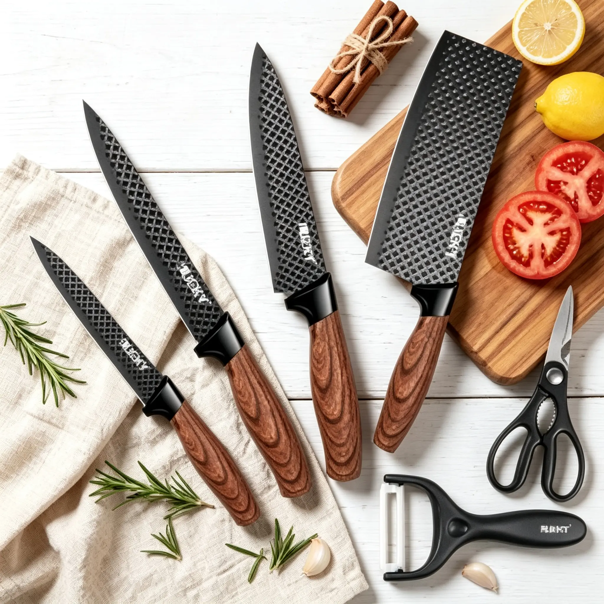【DealsForYou】6 Piece Chef Knife Set, Black Kitchen Knife Set with Sharp Meat Knives, Non-Stick Stainless Steel, Wood Handle, Chef Knife, Small Cleaver, Meat Cleaver, Paring Knife