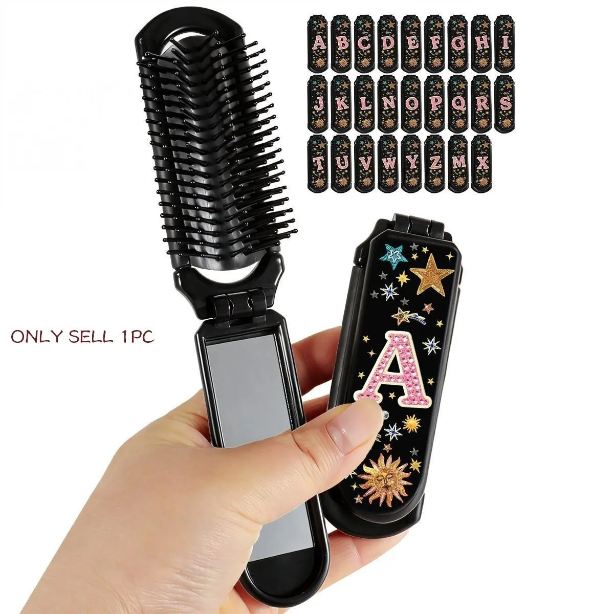 1pc Letter Folding Comb Y2K Style, Portable Mirror Comb for Girls, Retro Star Sun Design, Travel Mini Comb with Mirror, Perfect Gift, Hair Styling Comb, Grooming Comb, Hair Styling Tools