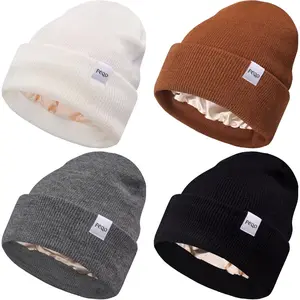 4 Pack Satin Lined Beanie Hats Soft Silk Lined Beanies Knit Warm Cuffed Hats for Women,Men