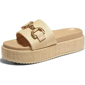 Coutgo Women's Platform Sandals Raffia Espadrilles Metal Chain Slip on Open Toe Cute Beach Slide Sandals Coutgo Women's Platform Sandals Raffia Espadrilles Metal Chain Slip on Open Toe Cute Beach Slide Sandals