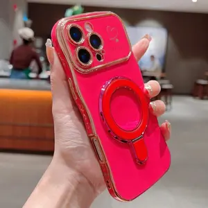 Heart Wave Magnetic Stand Phone Case iPhone 17 16 Pro Max 15 Pro Max 14 Plus 13 12 11 Prom Max, Shockproof Phone Cover, Anti-Drop Electroplated Edge Protection, Casing