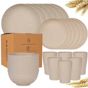 16-Piece Wheat Straw Sturdy Lightweight Disposable Dinnerware Set, Dinner Sets, Includes Plates Bowls Cups, Perfect for Outdoor Picnics Family Gatherings, Tableware Kit