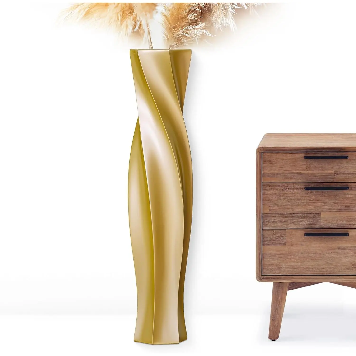 Tall Vases - 23.6" Tall Floor Vase for Home Decor, Floor Vases, Black Hexagon Twist Floor Vase, Fits Into Hay/Pampas Grass, Living Room, Office, Wedding Decor (Resin Gold)