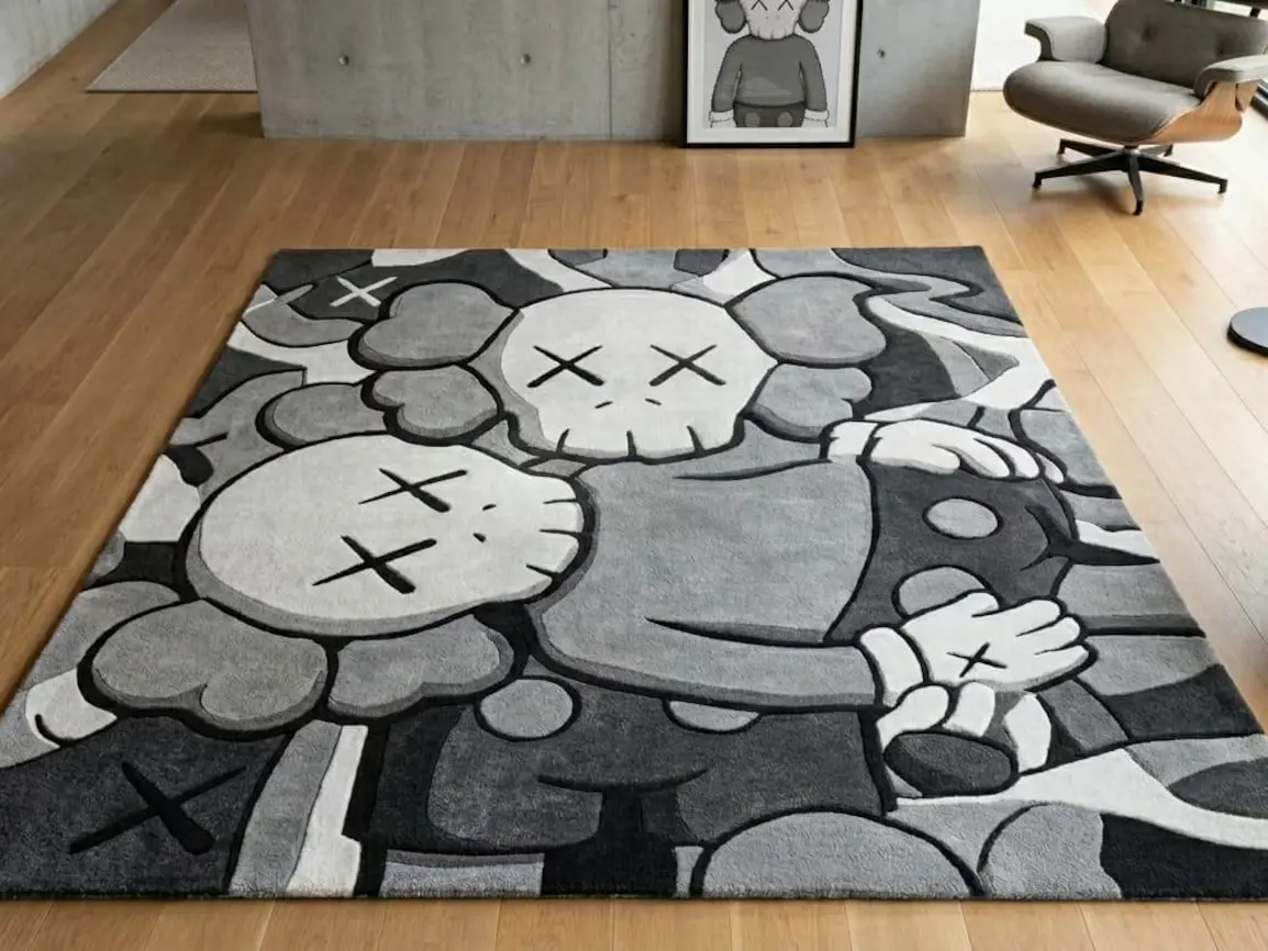 KAWS Inspired Hand-Tufted Wool Area Rug - Abstract, Grey, Black, Cream Household Textile Carpet