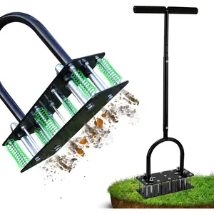 Lawn Aerator with Automatic Dirt and Leaf Clean Design, Heavy Duty Manual Lawn Aerator Tool with 15 Iron Spikes and Height Adjustable Feature, Durable Yard Grass Aerator for Lawn Care in Black