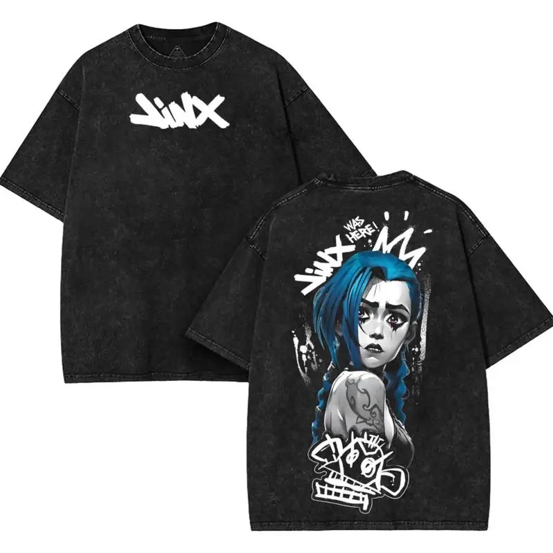 Retro Vintage Jinx x Powder Arcane: League of Legends Washed T-shirt Game Cotton, FPS, Game Lover Unisex Shirt Gift for Him Her Y2K Hoodie Sweatshirt Clothes Menswear streetwear t-shirt clothes, Shortsleeve, Soft