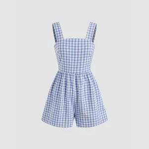 Cider Cotton-blend Square Neck Gingham Bowknot Romper